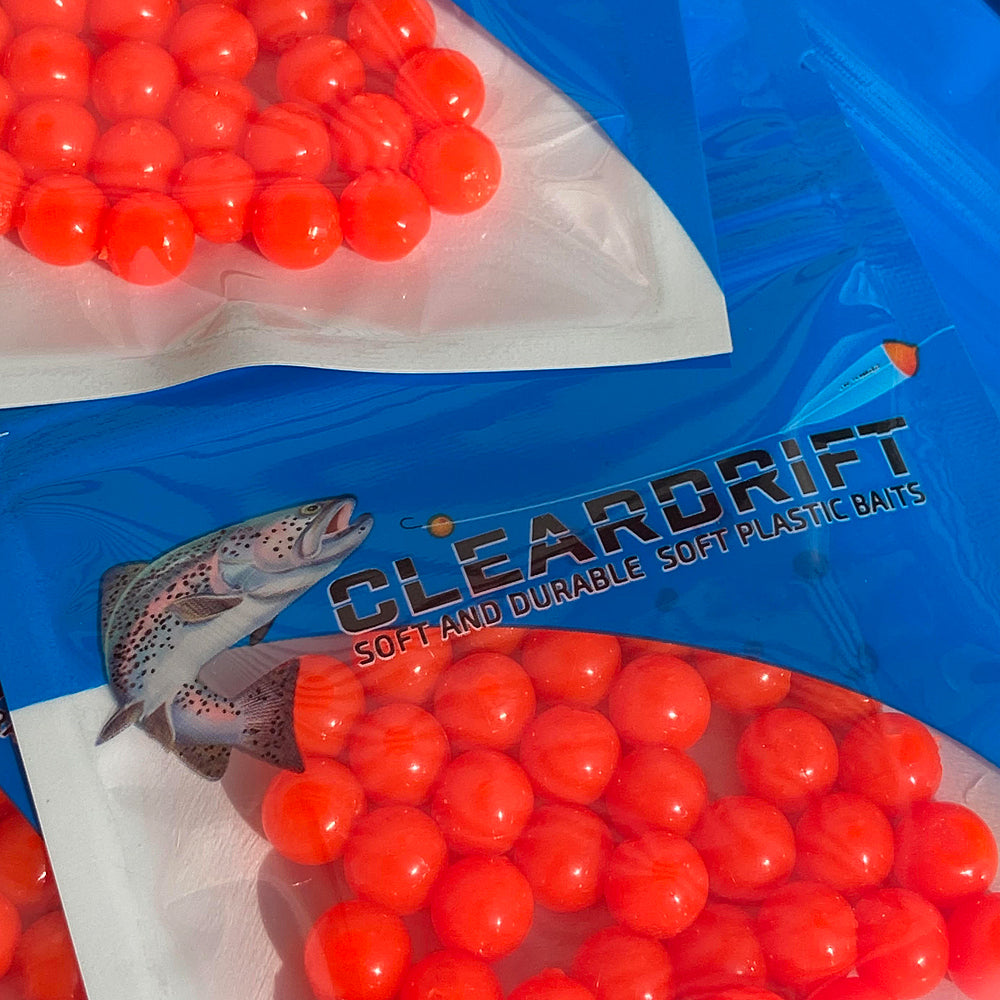 BC Orange Soft Beads, the original bright orange fishing beads with UV Glow, released in 2015, inspired by British Columbia, Canada, designed to attract fish in any water condition.