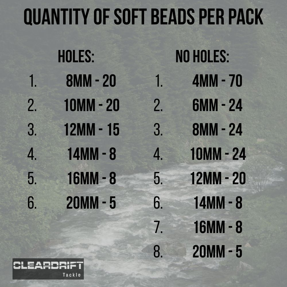 Chart showing quantity of soft beads per pack with Cleardrift Tackle logo.