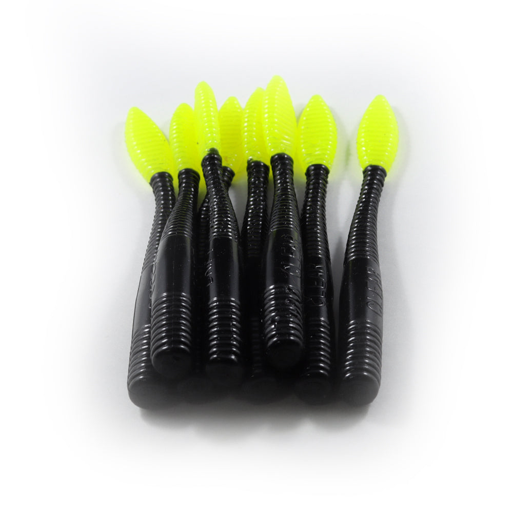 Steelhead Worms: Black/Chartreuse Tail.