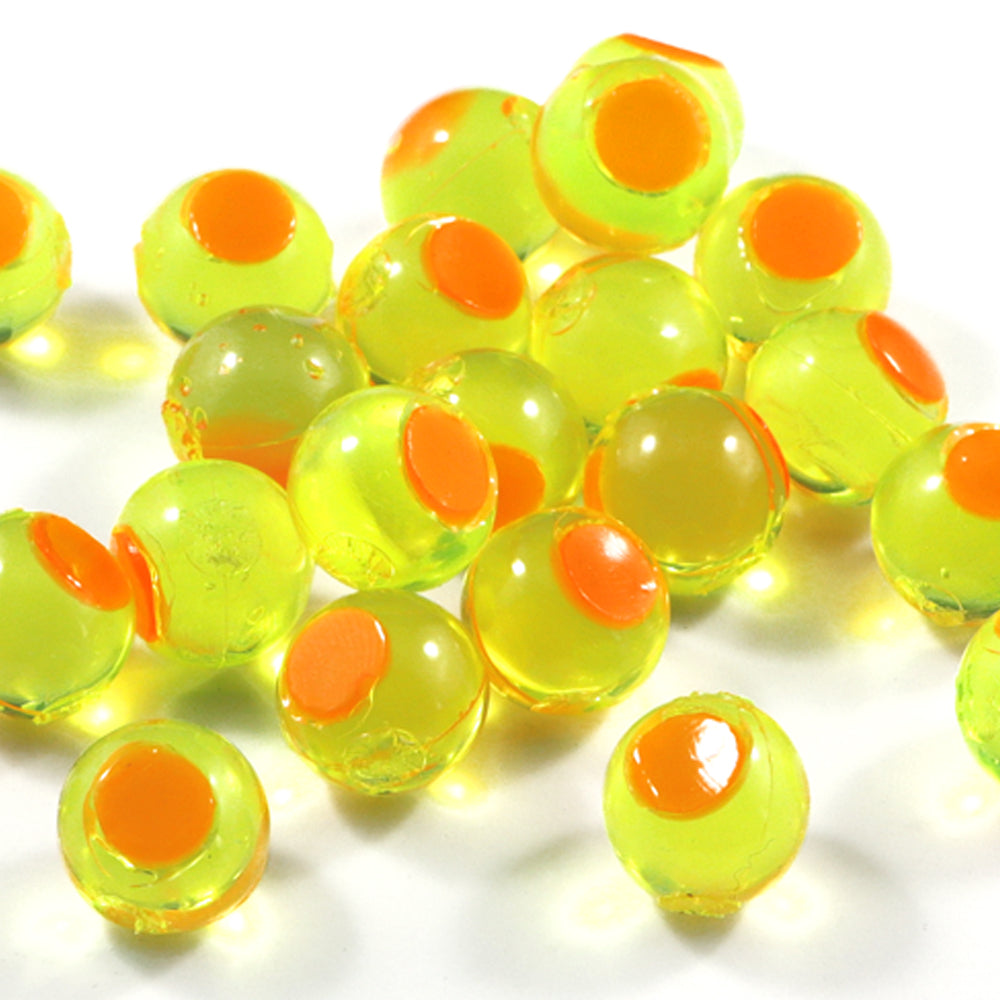 Embryo Soft Beads: Clear Chartreuse with Orange Dot.