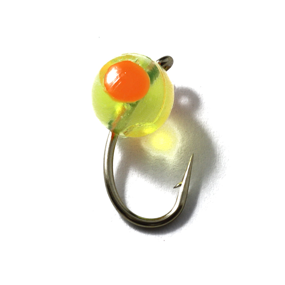 Embryo Soft Beads: Clear Chartreuse with Orange Dot.