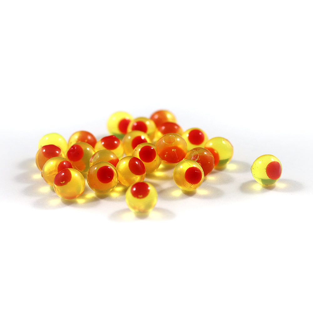 Embryo Soft Beads: Clear Chartreuse/Red Dot.