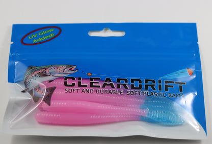 Steelhead Worms: Light Bubble Gum/Light Blue Tail.