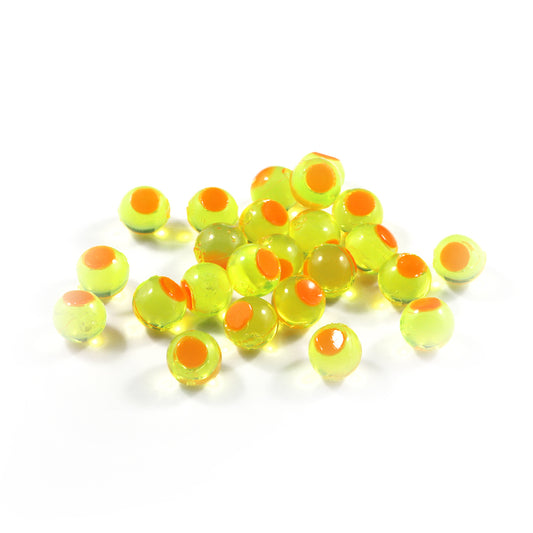 Embryo Soft Beads: Clear Chartreuse with Orange Dot.