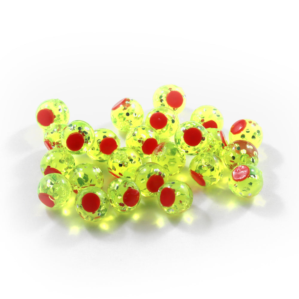 Glitter Bomb Embryo Soft Beads: Clear Chartreuse with Red Dot.