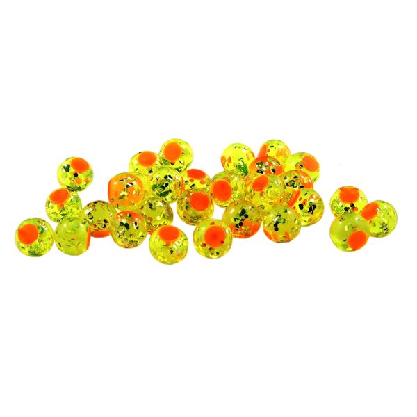 Glitter Bomb Embryo Soft Beads: Clear Chartreuse with Orange Dot.
