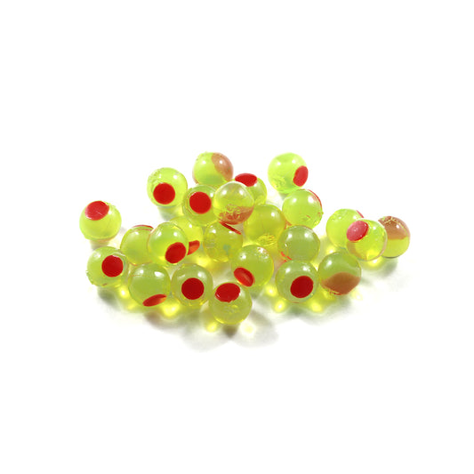 Embryo Soft Beads: Clear Chartreuse/Red Dot.
